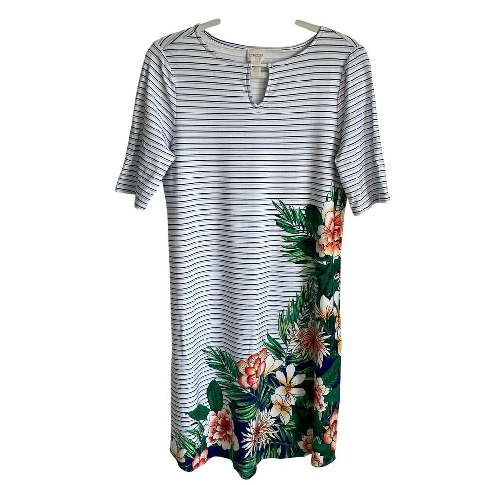 Chico’s Keyhole Striped Paradise Palm Dress Sz S Short Sleeves Stretch Tropical